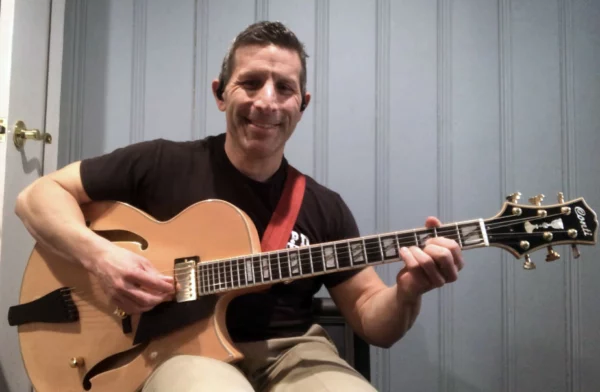 Dave with his Natural Blonde finish Conti Entrada Archtop Jazz Guitar