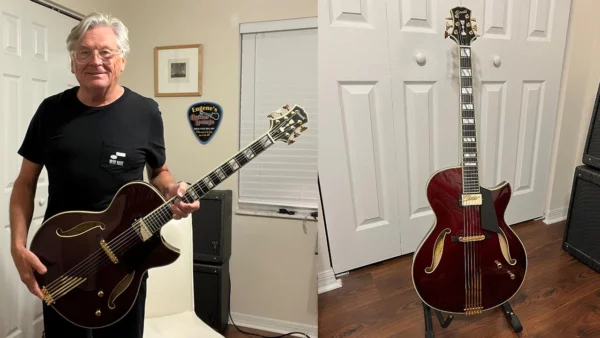 Eugene with his gorgeous new Port Wine Conti Entrada Archtop Jazz Guitar