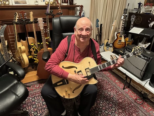 Pete with his thin body natural finish Conti Entrada jazz guitar