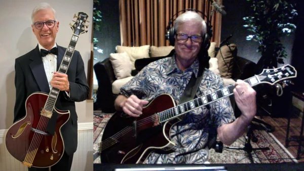 David already putting his gorgeous Port Wine Conti Entrada archtop guitar to use on a classy gig!