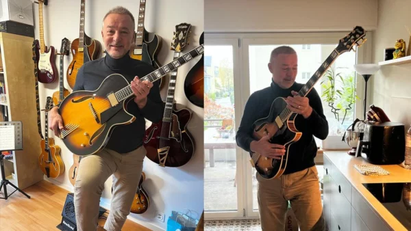 Berry in Switzerland stands proudly with his beautiful new Sunburst Conti Entrada archtop thin body jazz guitar