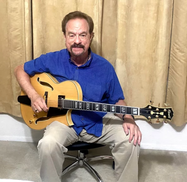 A-list Vegas player Rob Goldsmith poses with his new natural Blonde Conti Entrada archtop jazz guitar